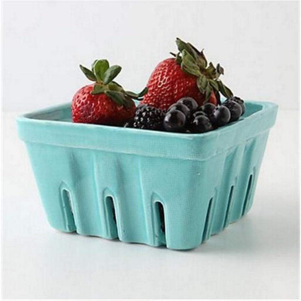 Anthropologie Ceramic Berry Basket Teal Blue Storage Container Bowl